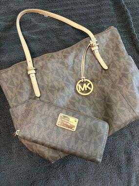 Michael Kors Brown Monogram Tote with Matching Wallet